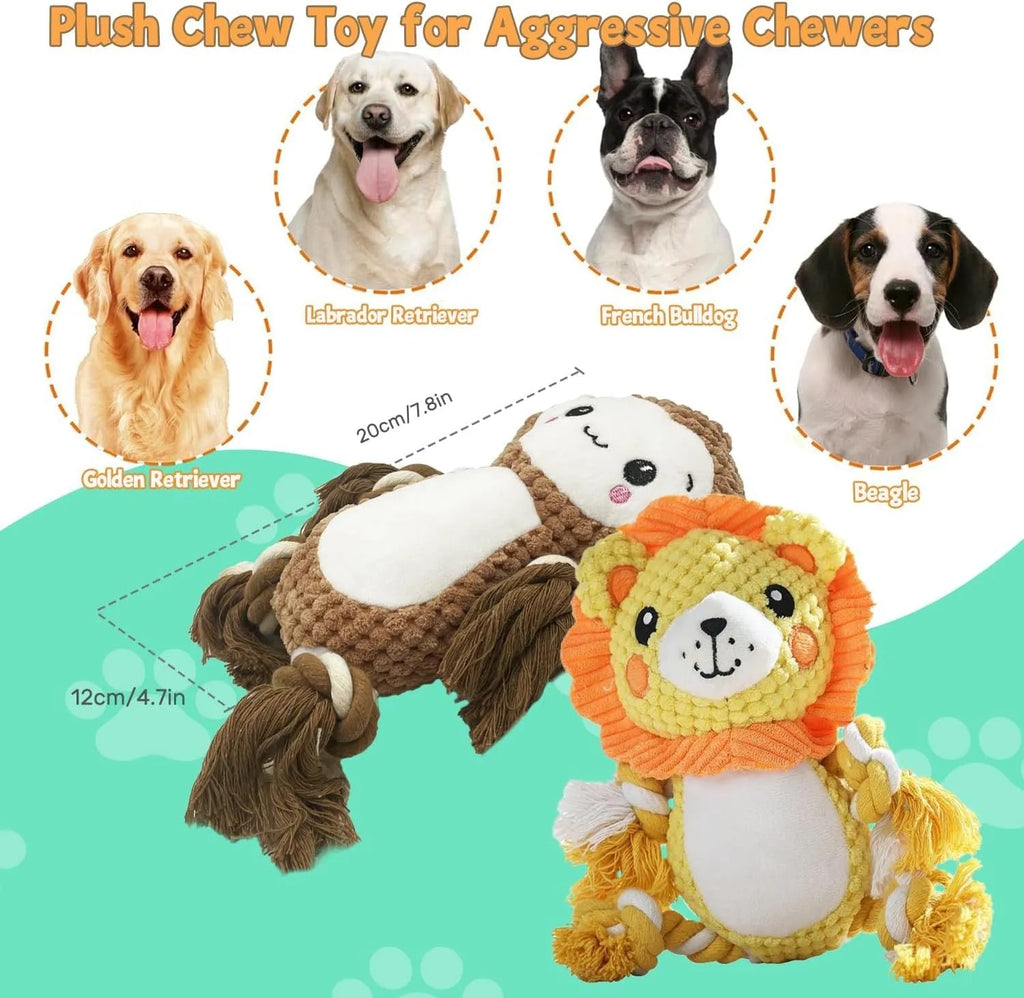 Lion and monkey plush squeaky dog toys bundle for medium and large breed dogs