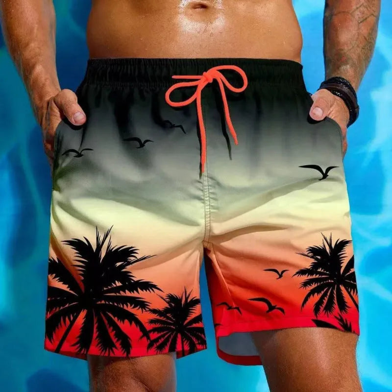 Men's loose board swimming trunks in polyester fiber with ethnic style pattern available in multiple colours