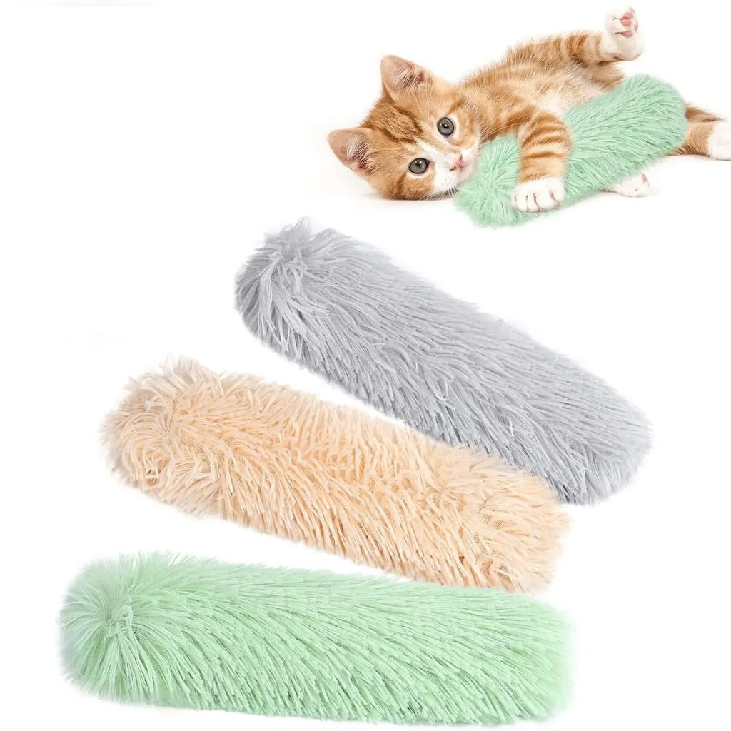 Soft plush cat toy pillow measuring 27x10cm available in blue green pink and white colours for pet play