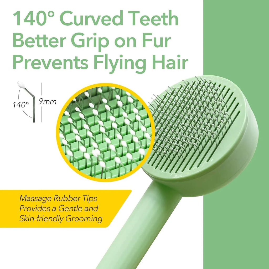 Green and yellow 2-in-1 pet grooming brush with curved teeth for long haired cats and shedding pets
