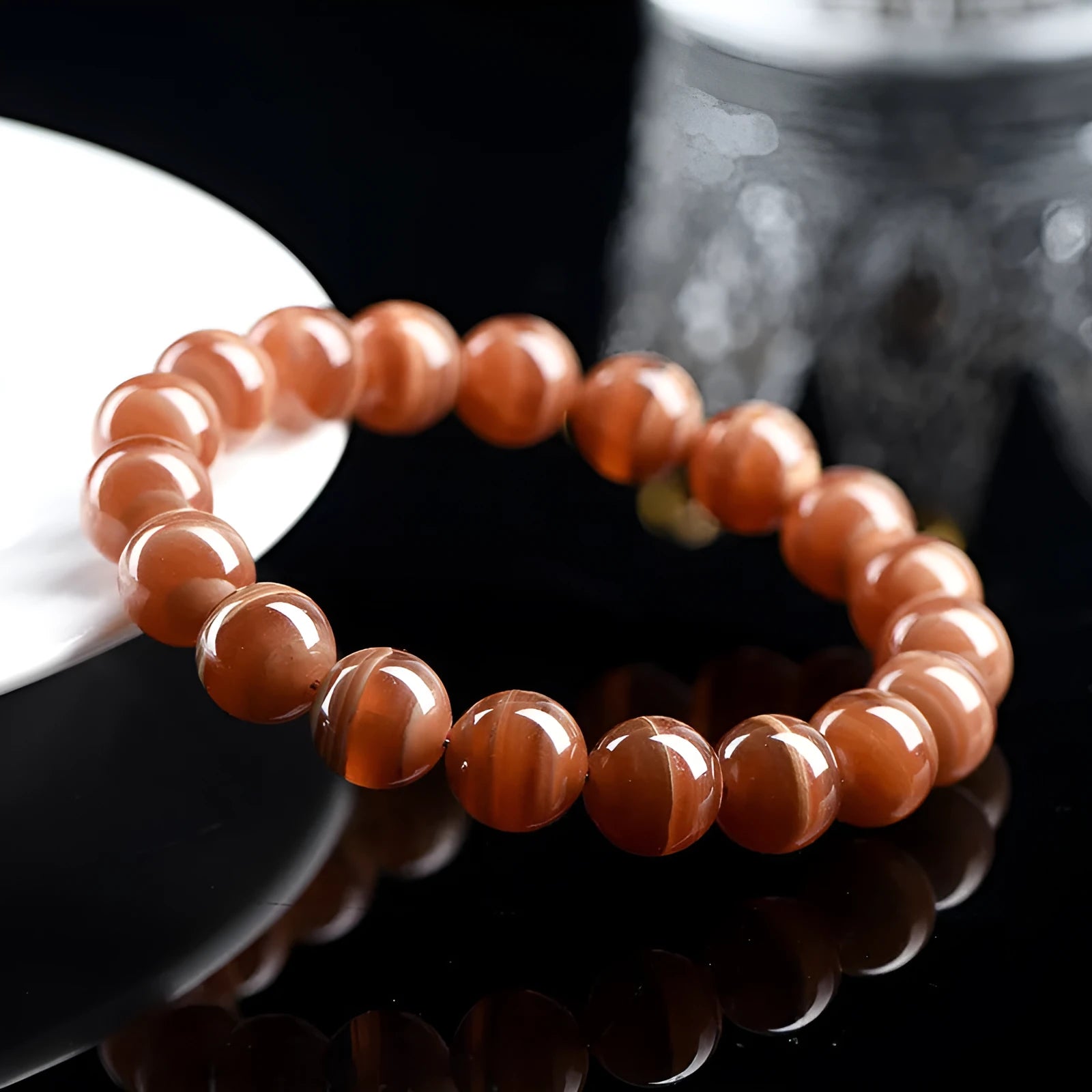Natural Old Mine Rhodochrosite round beads bracelet with Ruyi pendant, 6mm or 8mm beads, vintage manganese spar colour