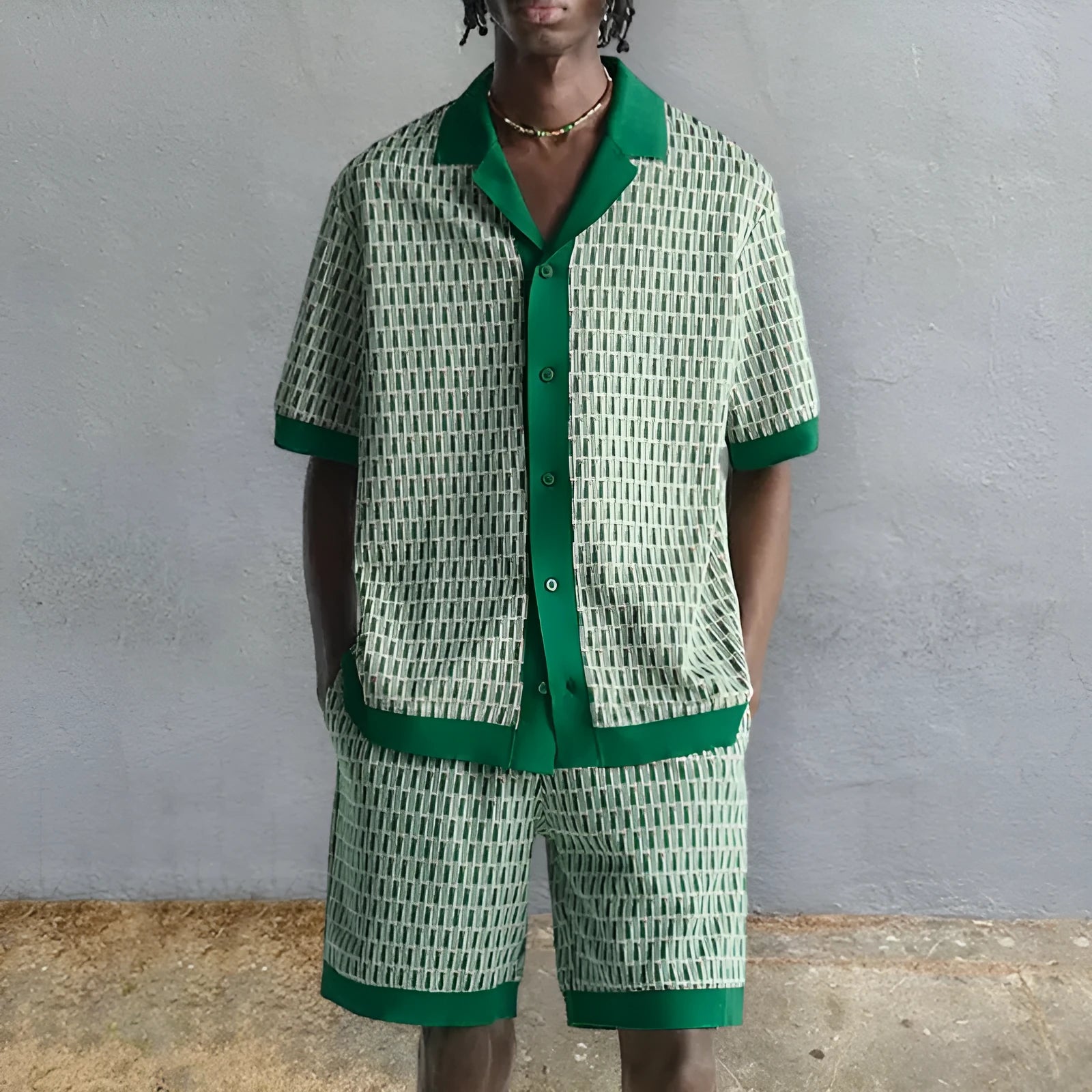 Men's plus size two-piece set with short-sleeved printed shirt and matching shorts in colour MHX01344