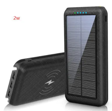 Black wireless solar power bank with Qi charging pad, three USB ports and an LED flashlight