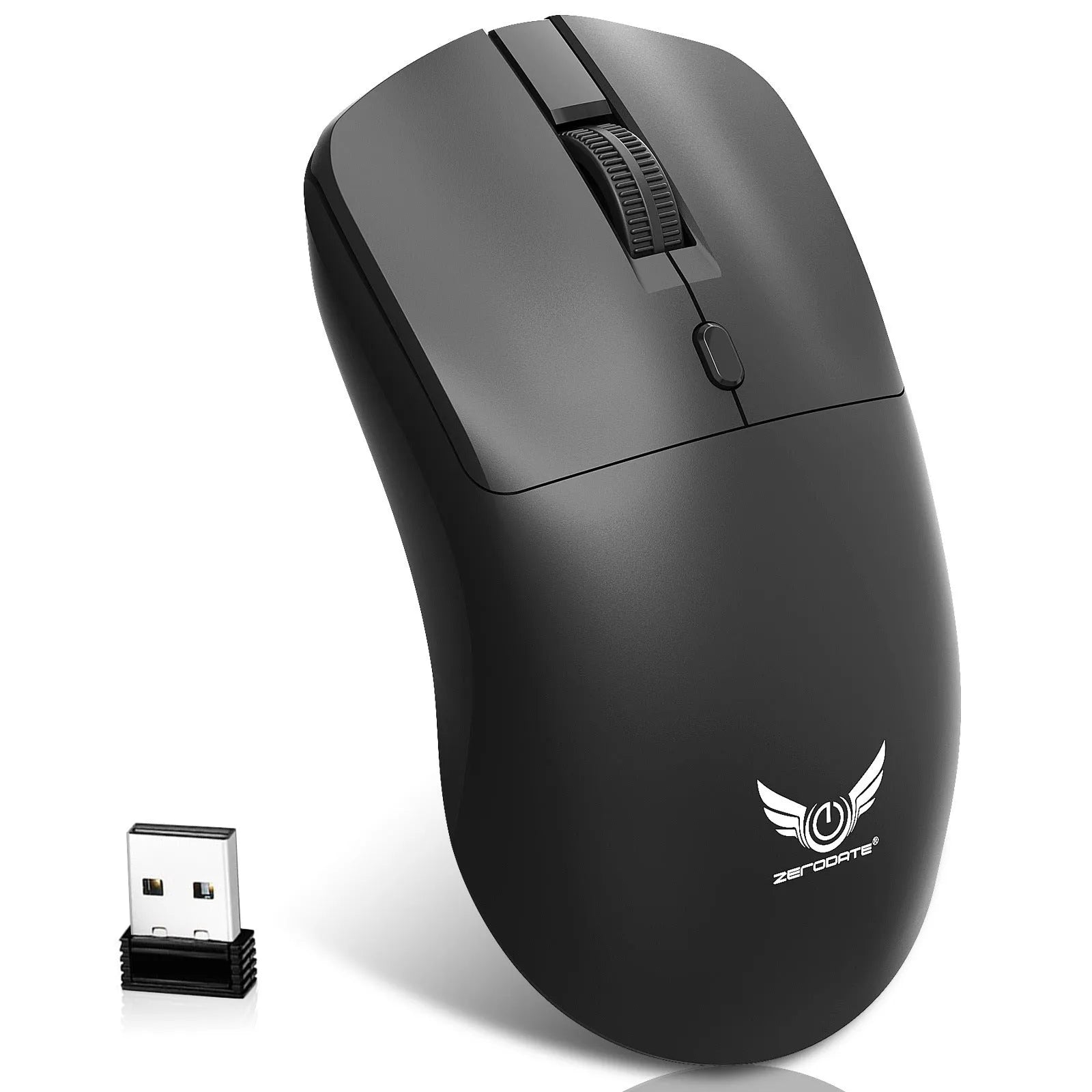 Black wireless optical mouse with audio control buttons and DPI adjustment for laptop computers