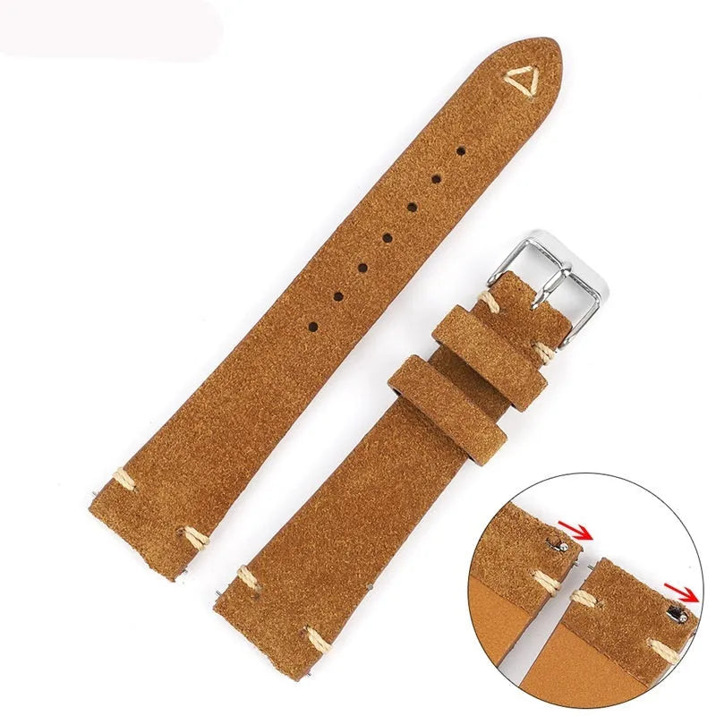 Brown suede genuine leather watch strap with exotic ethnic style design on a 20mm watch lug.