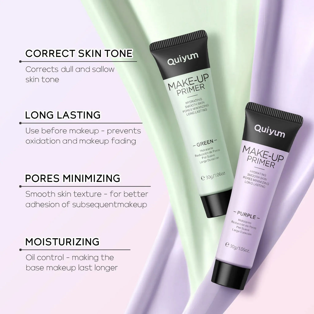 30g moisturising colour-correcting makeup primer in purple, pink, and green shades in colour box packaging