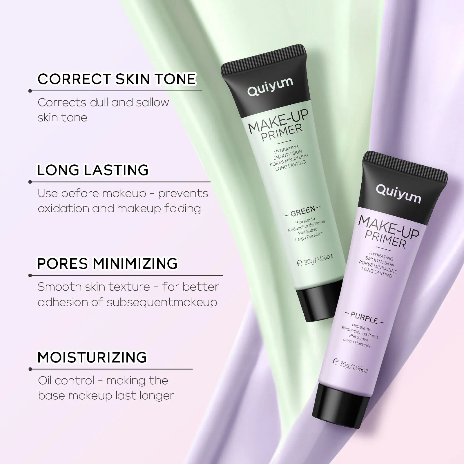 30g moisturising colour-correcting makeup primer in purple, pink, and green shades in colour box packaging