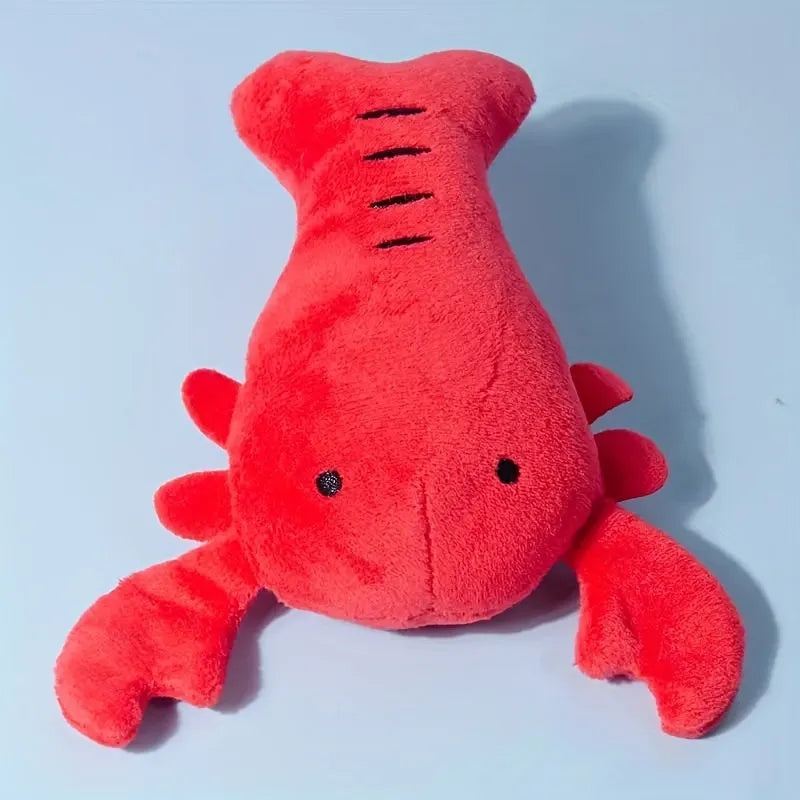 Red lobster-shaped squeaky dog toy for small and medium breeds on white background
