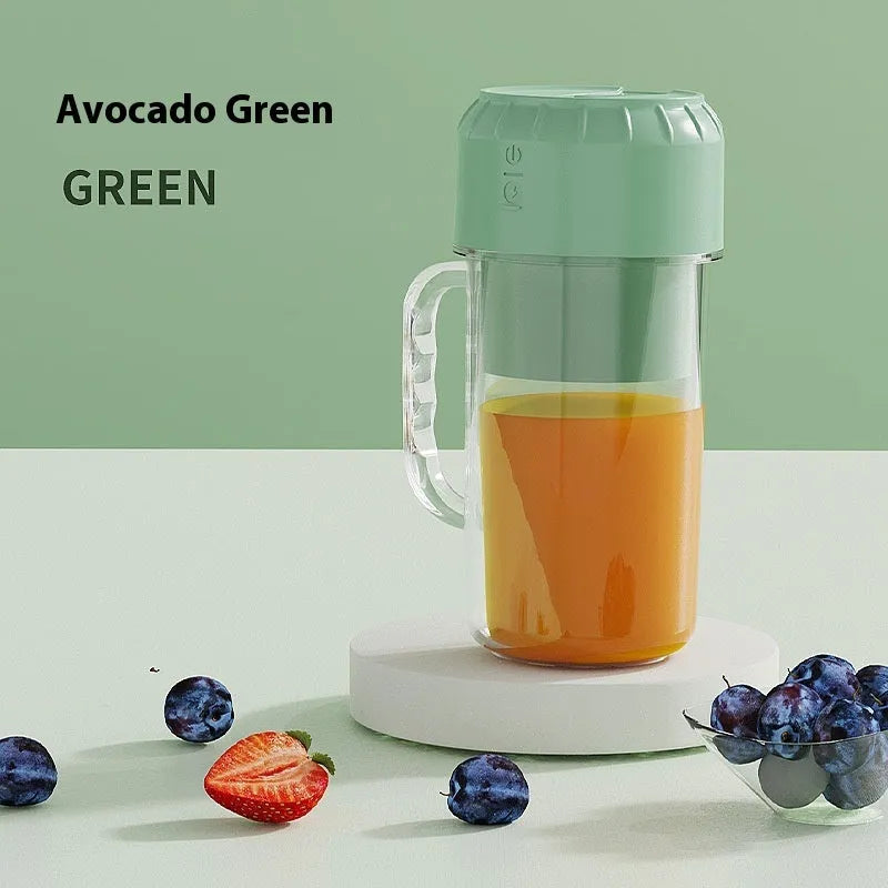 USB-powered portable personal juicer in cherry blossom pink or avocado green with selectable blade options