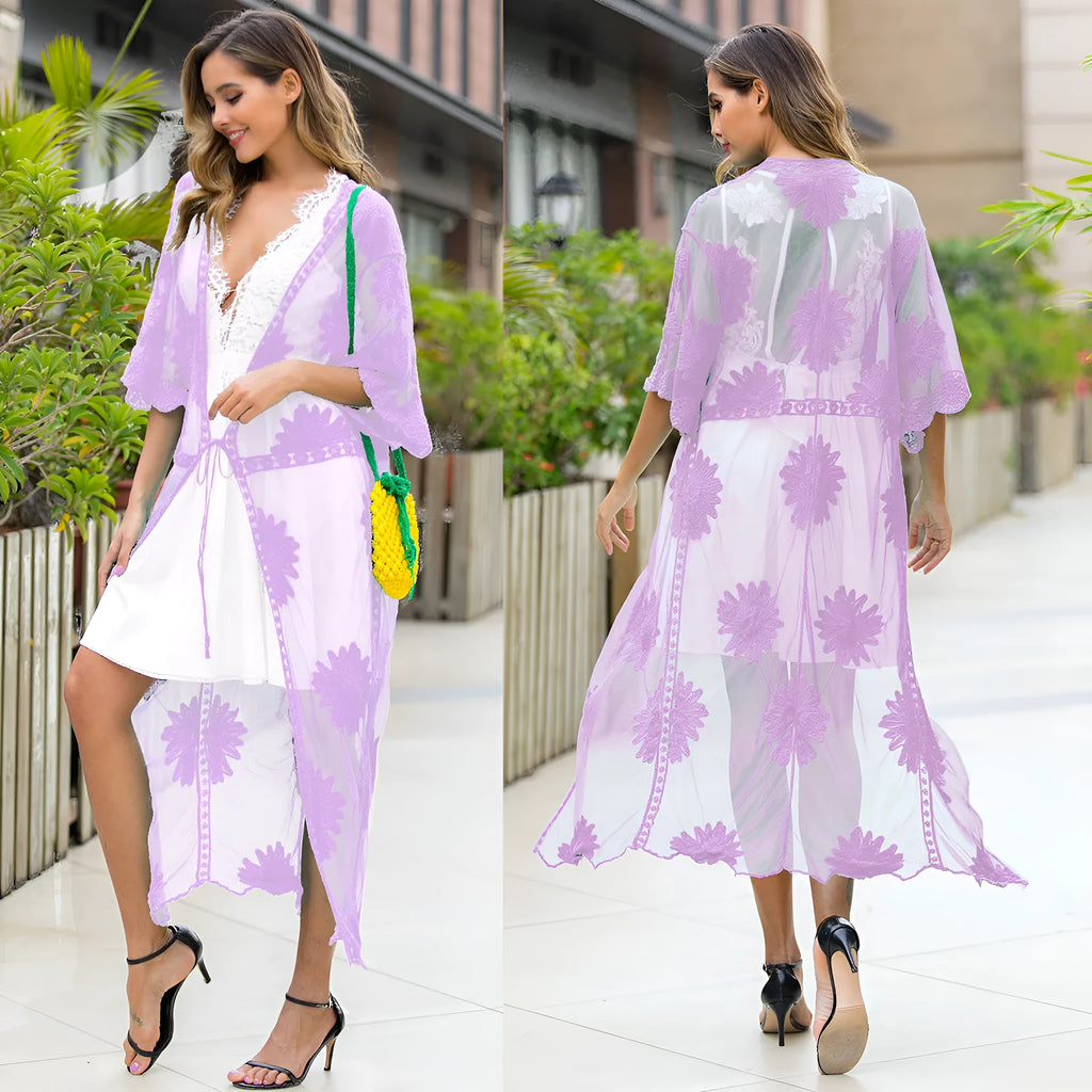Light purple beach dress with lace embroidery details and cotton blend lining for swimming and beachwear