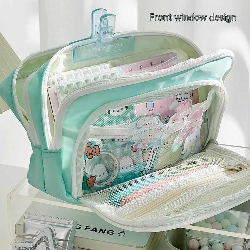 Double layer pencil case with carry handle in blue, cream, green, and pink colour options