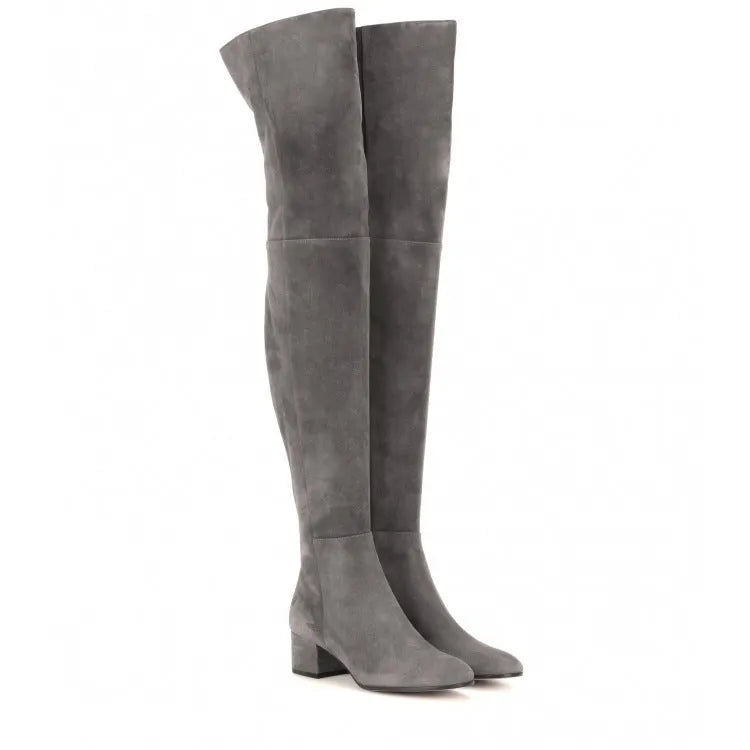 Grey suede women's flat over-the-knee boots with pointed toe and thick rubber sole