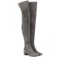 Grey suede women's flat over-the-knee boots with pointed toe and thick rubber sole