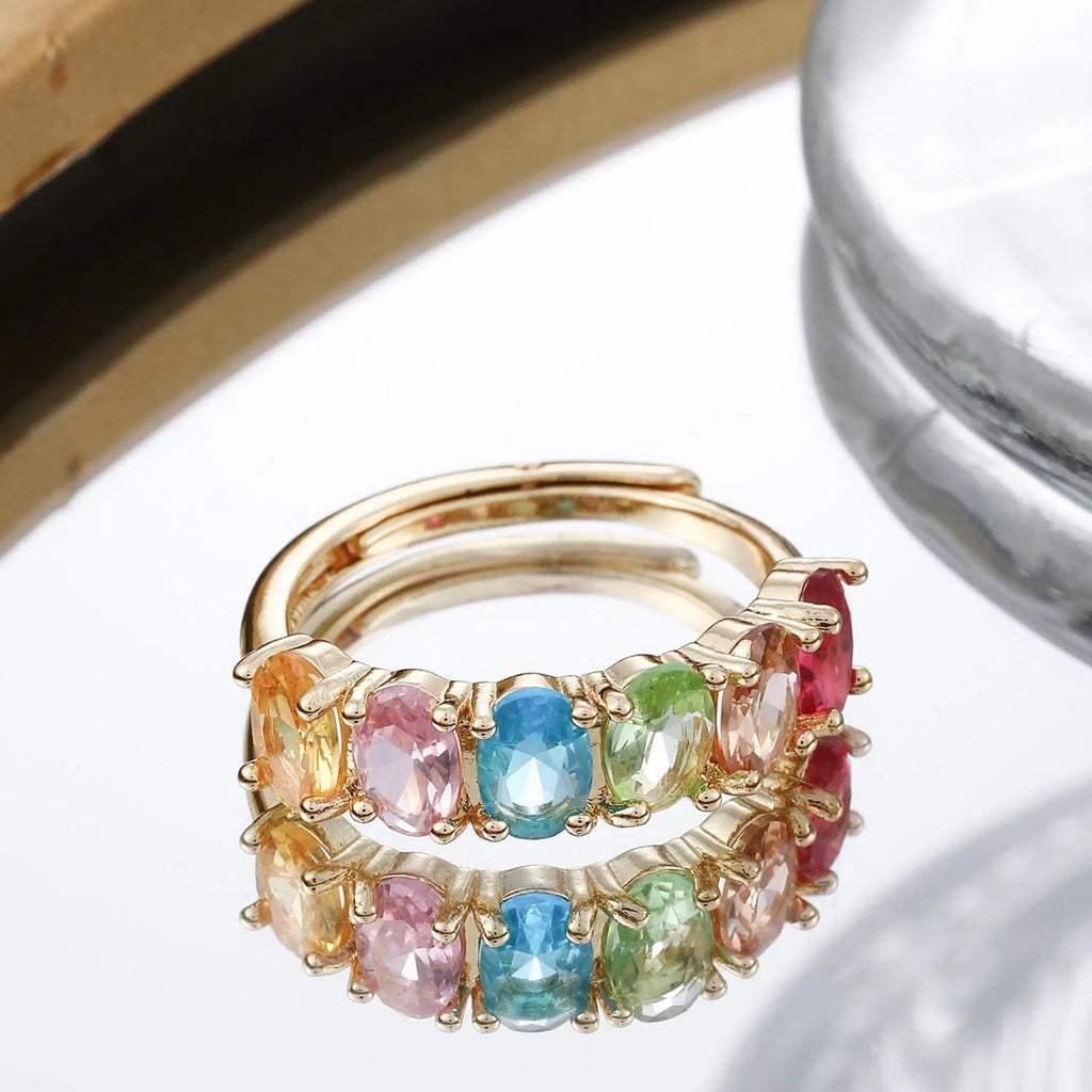 Adjustable gold electroplated copper ring with zircon stone in retro design