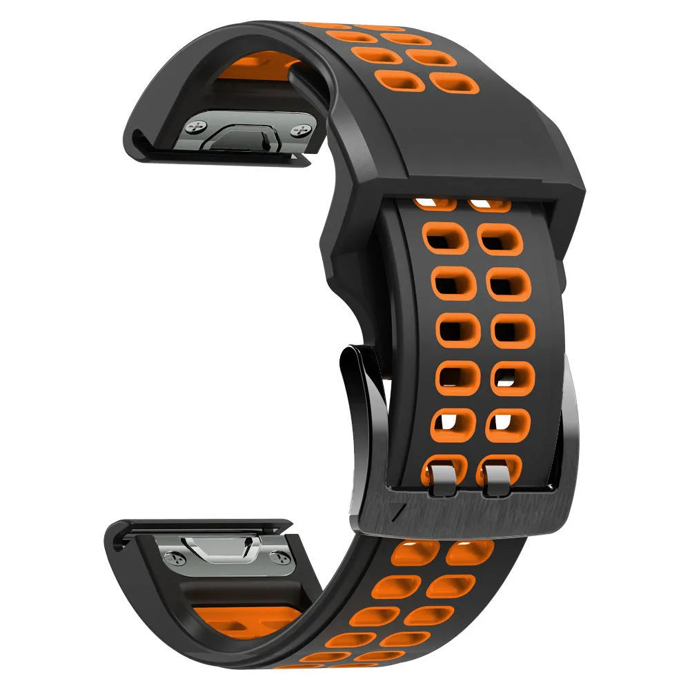 Two-colour silicone quick release watch strap with pin buckle in black and orange combination