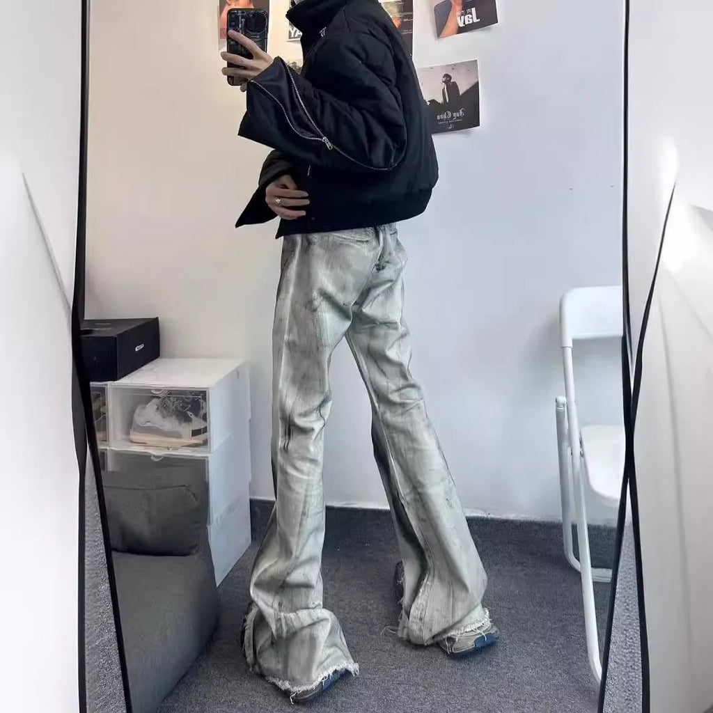White American street retro heavy rough selvedge jeans with black ribbon gradient detailing and mid waist cut