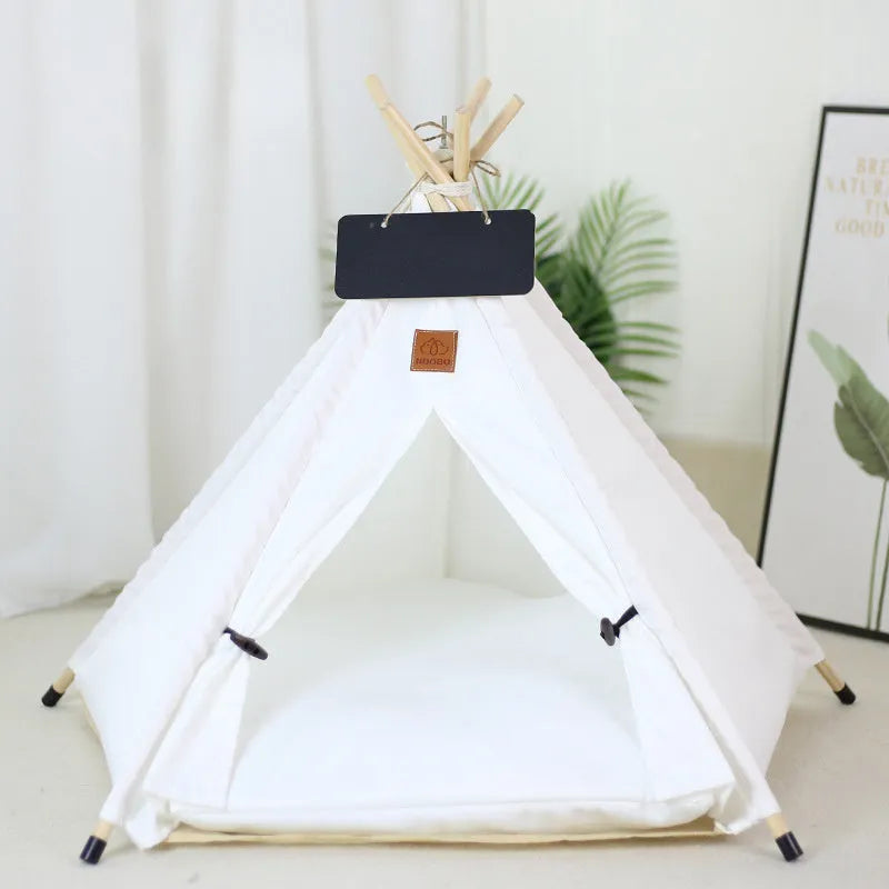 White and yellow striped flax linen pet teepee tent bed with cushion for small dogs or cats.