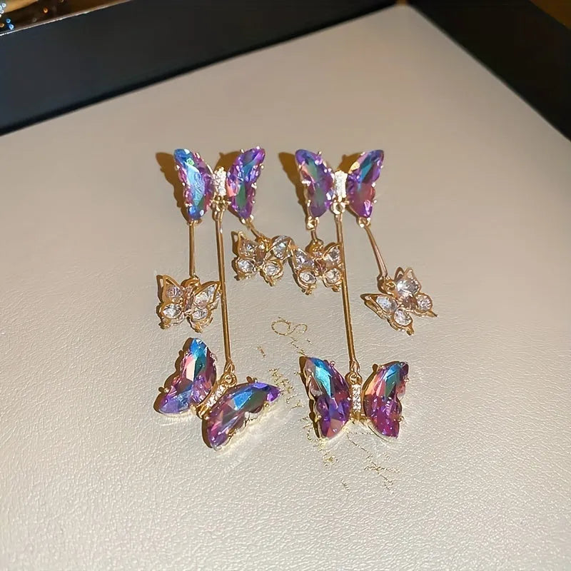 Silver needle crystal flowers butterfly tassel earrings in 33# silver needle-blue purple butterfly colour