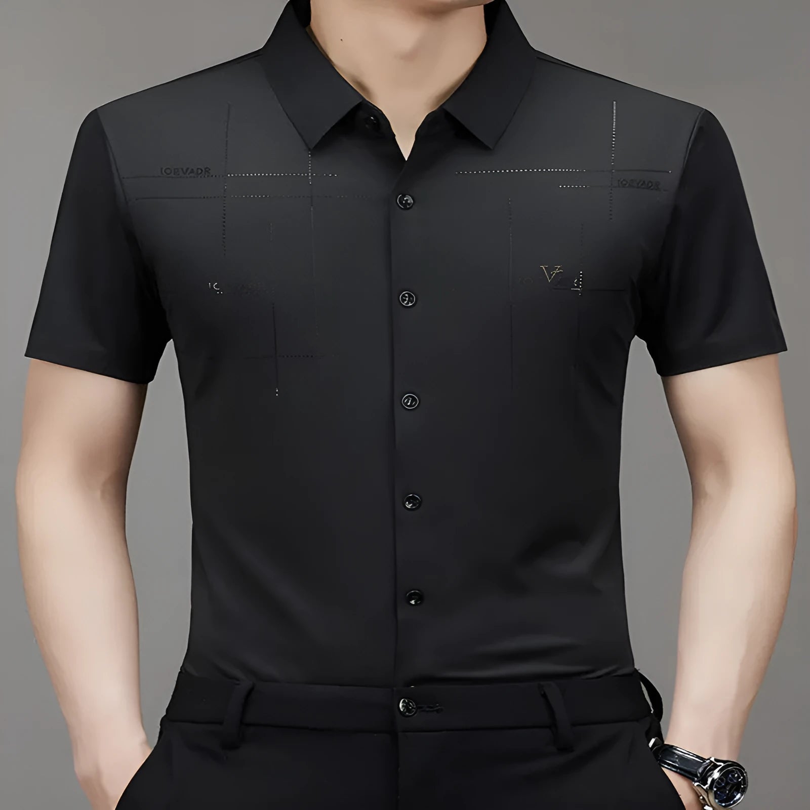 Striped polyester short-sleeved seamless business shirt for summer, available in white, black, wine red, dark green, dark blue, mechanical blue, sky blue