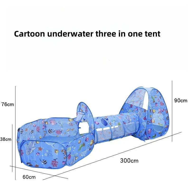 Colourful marine cartoon children's tent with integrated ball pool and crawl tunnel