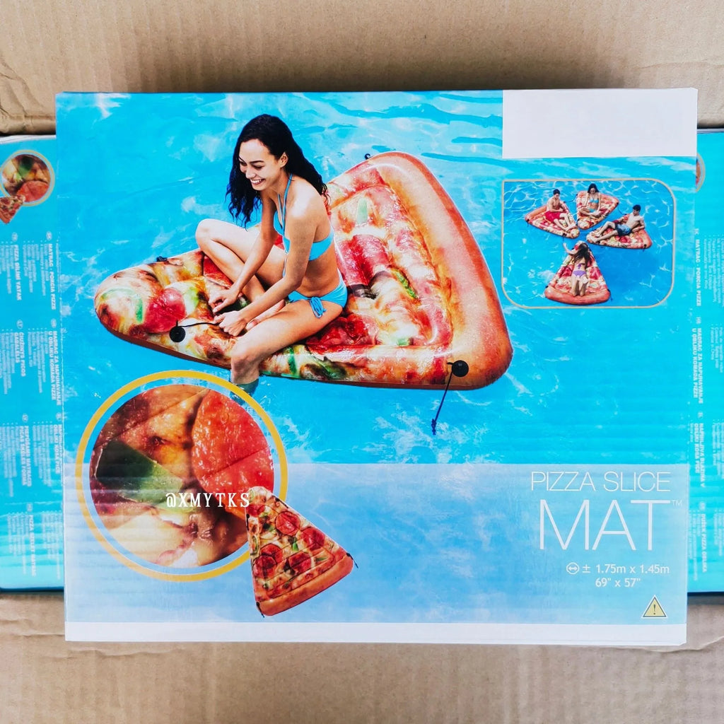 Pizza-shaped inflatable surfboard recliner floating on water, showing large 175cm size