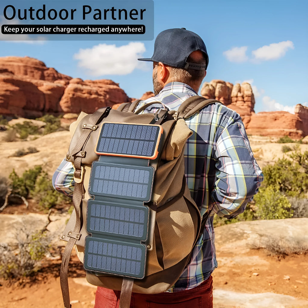 Rainproof solar power bank with monocrystalline panel and LED light in black colour