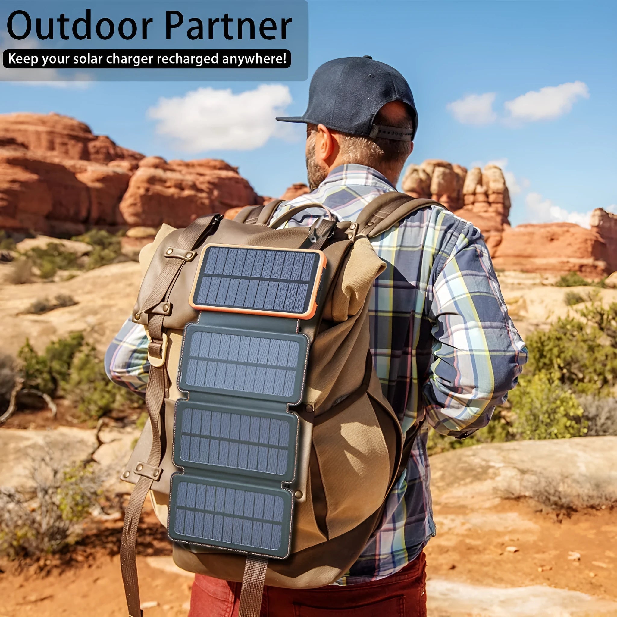 Rainproof solar power bank with monocrystalline panel and LED light in black colour