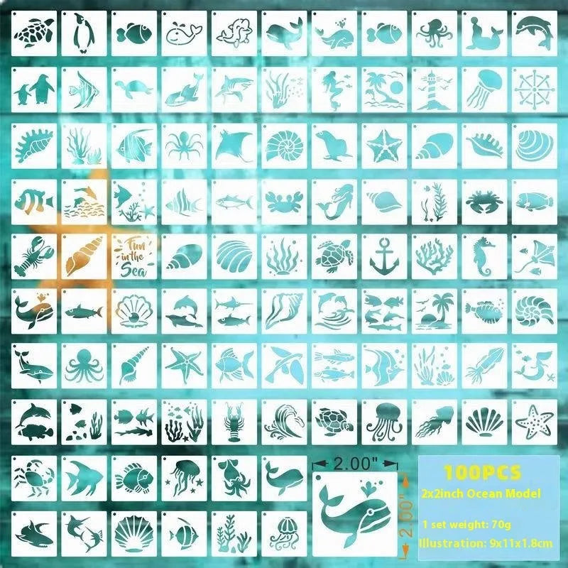 Milky white PET film craft stencils showing hollow cut-out designs of animals, flowers, letters, and ocean themes.