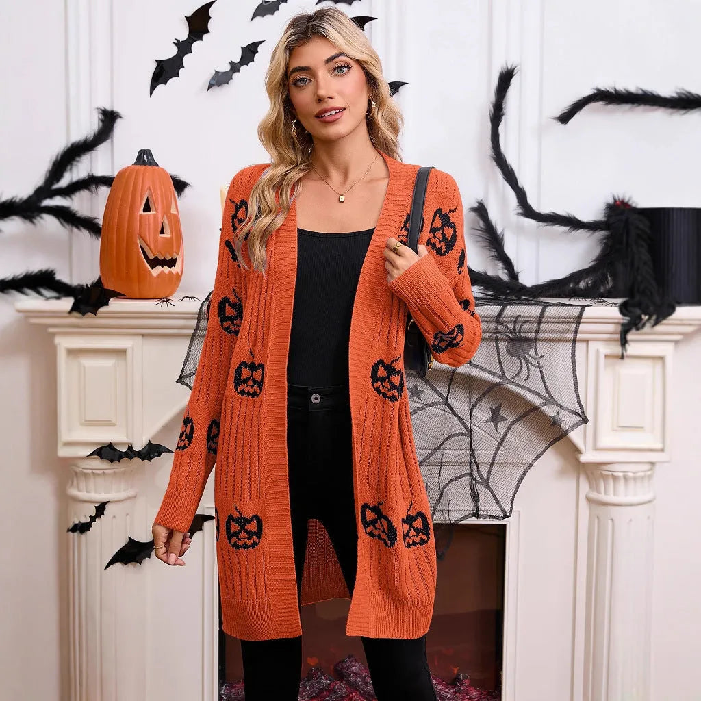 Women's black Halloween pumpkin head jacquard knitted cardigan coat with straight cut