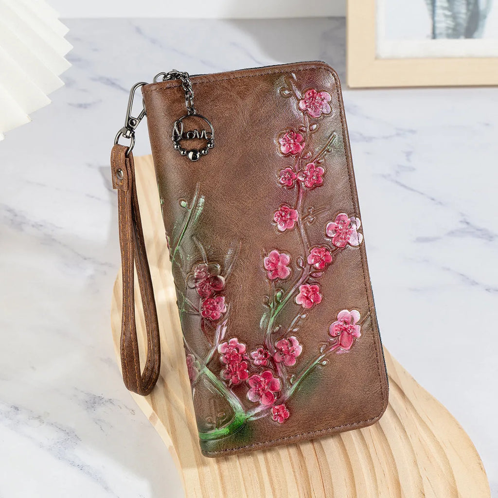 Chinese style floral embossed handbag with hand-painted pattern and zip closure