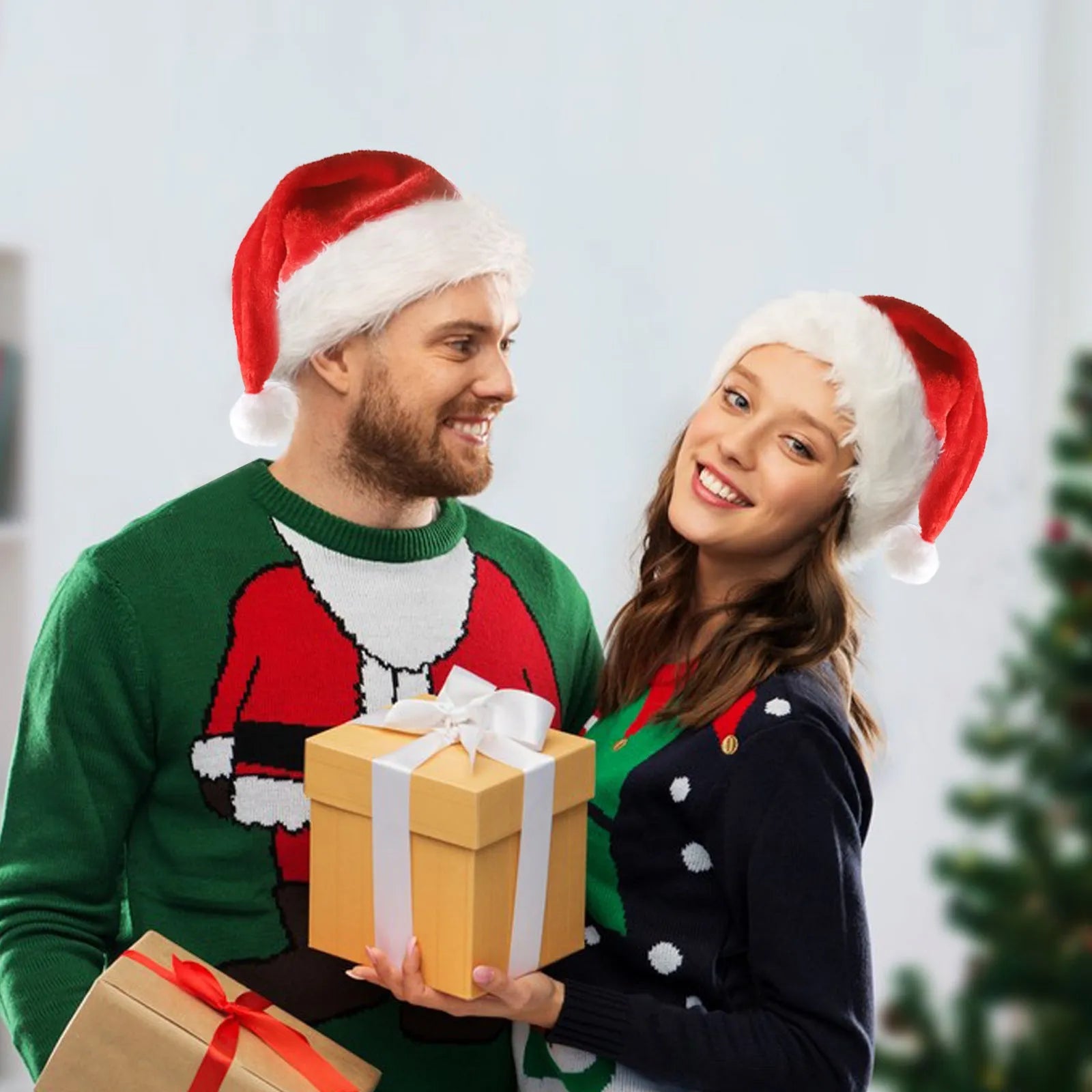 Red and white plush Santa hat with illuminated multi-coloured LED lights and a white pom-pom.