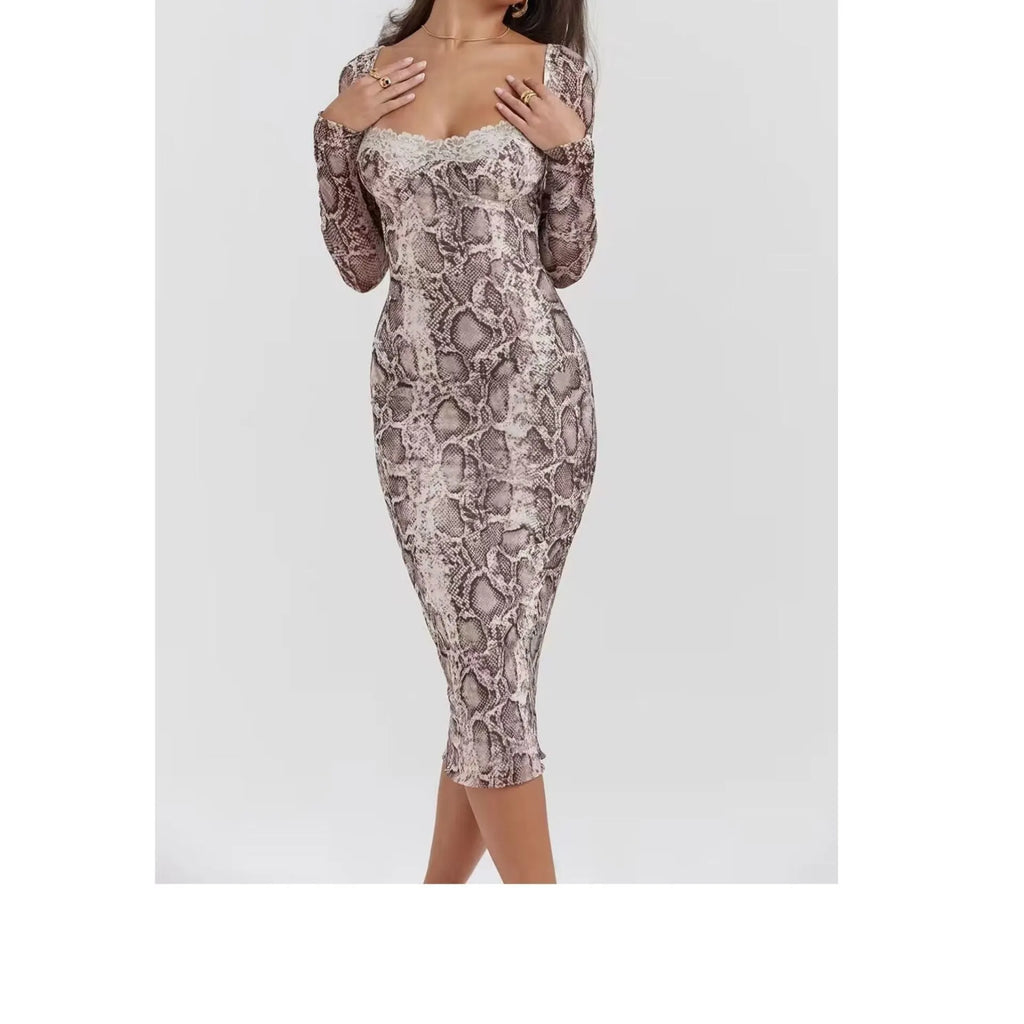 Grey women's slim fit lace dress with 3D digital pattern, A-line skirt, and long sleeves.