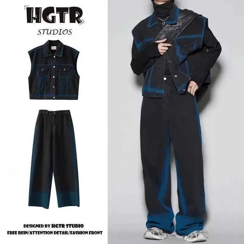 Distressed blue vest and jeans two-piece suit set with spray colour gradient effect