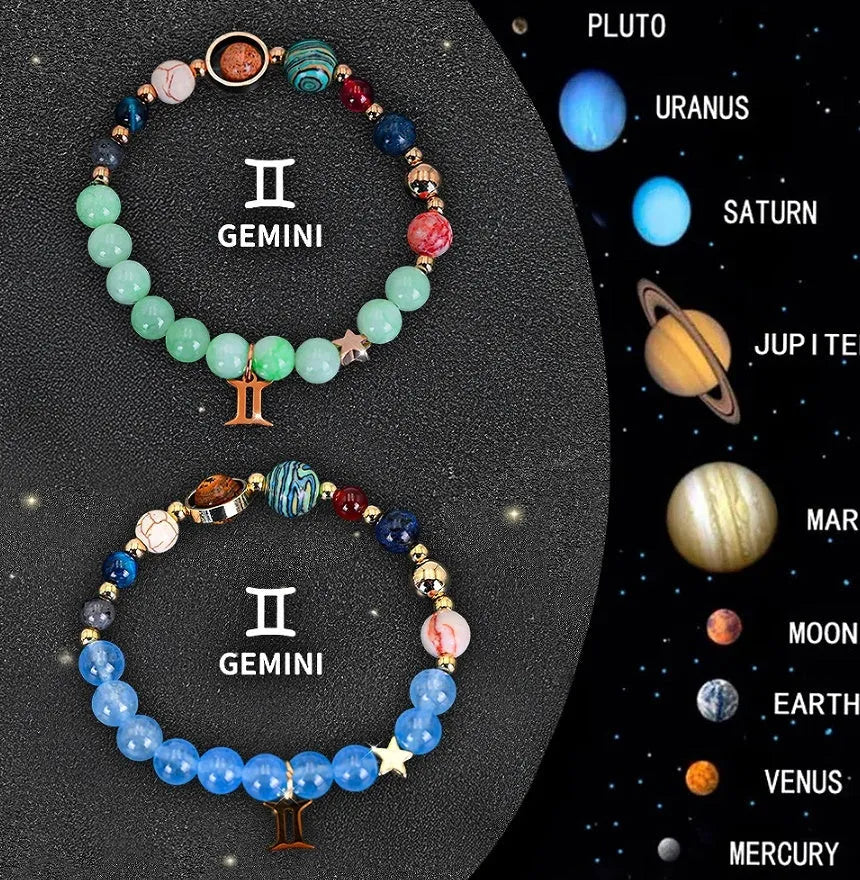 A pair of natural stone beaded bracelets from a twelve-piece zodiac sign collection.
