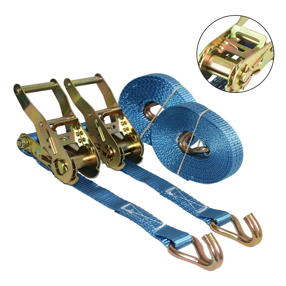 Steel ratchet tensioner hand tool with double triangle hooks and a grey polyester strap for cargo binding.