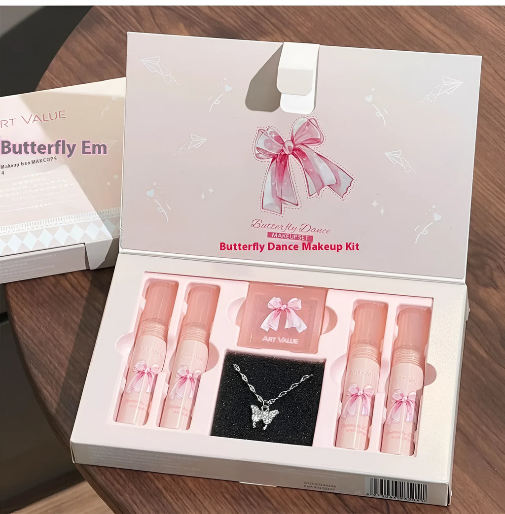 Butterfly Box makeup set with four matte lip muds, powder blusher compact and necklace in pink