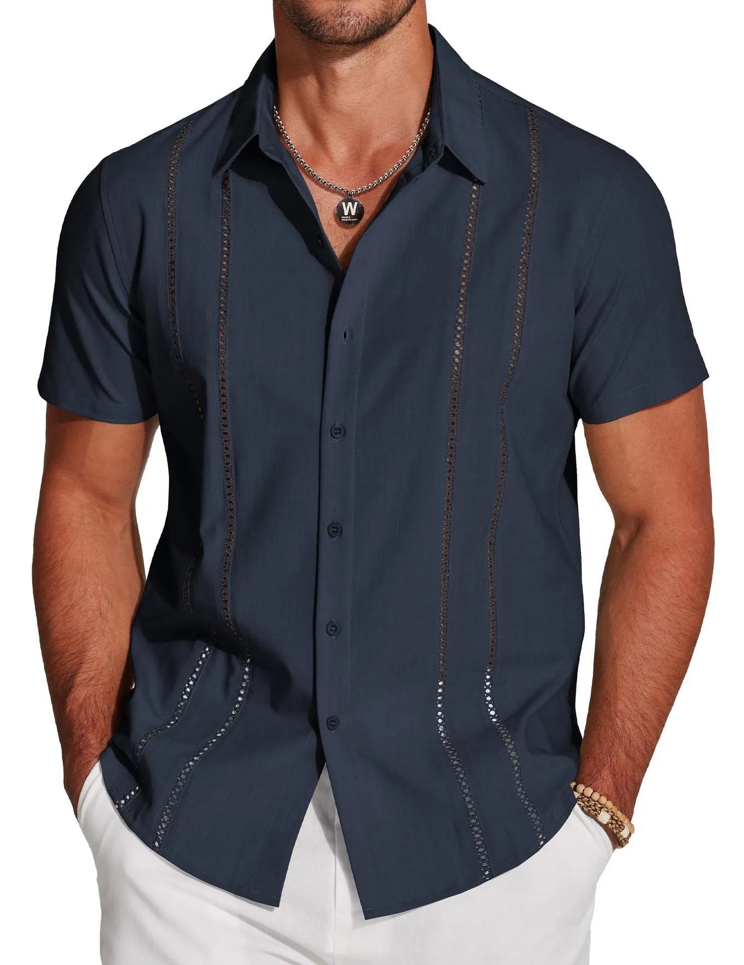 Men's slim fit short sleeve Hawaiian shirt with digital print pattern in elastic polyester fabric