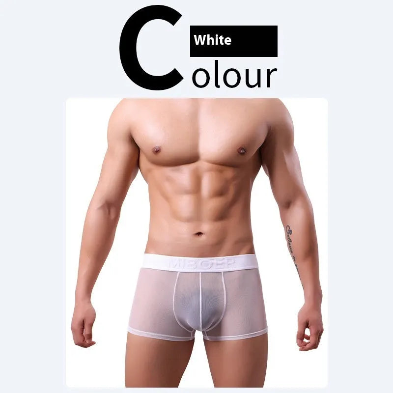 Men's thin invisible breathable boxer shorts in six colour options showing quick-dry polyester fabric construction
