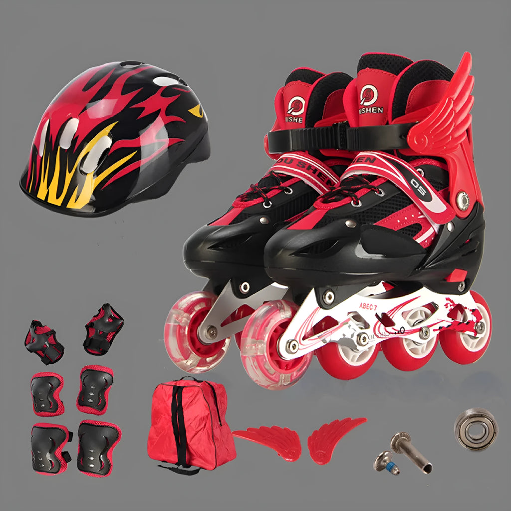 Children's adjustable PU skates in yellow, red, blue, black, or pink with aluminium frame, foam wheels, and protective gear