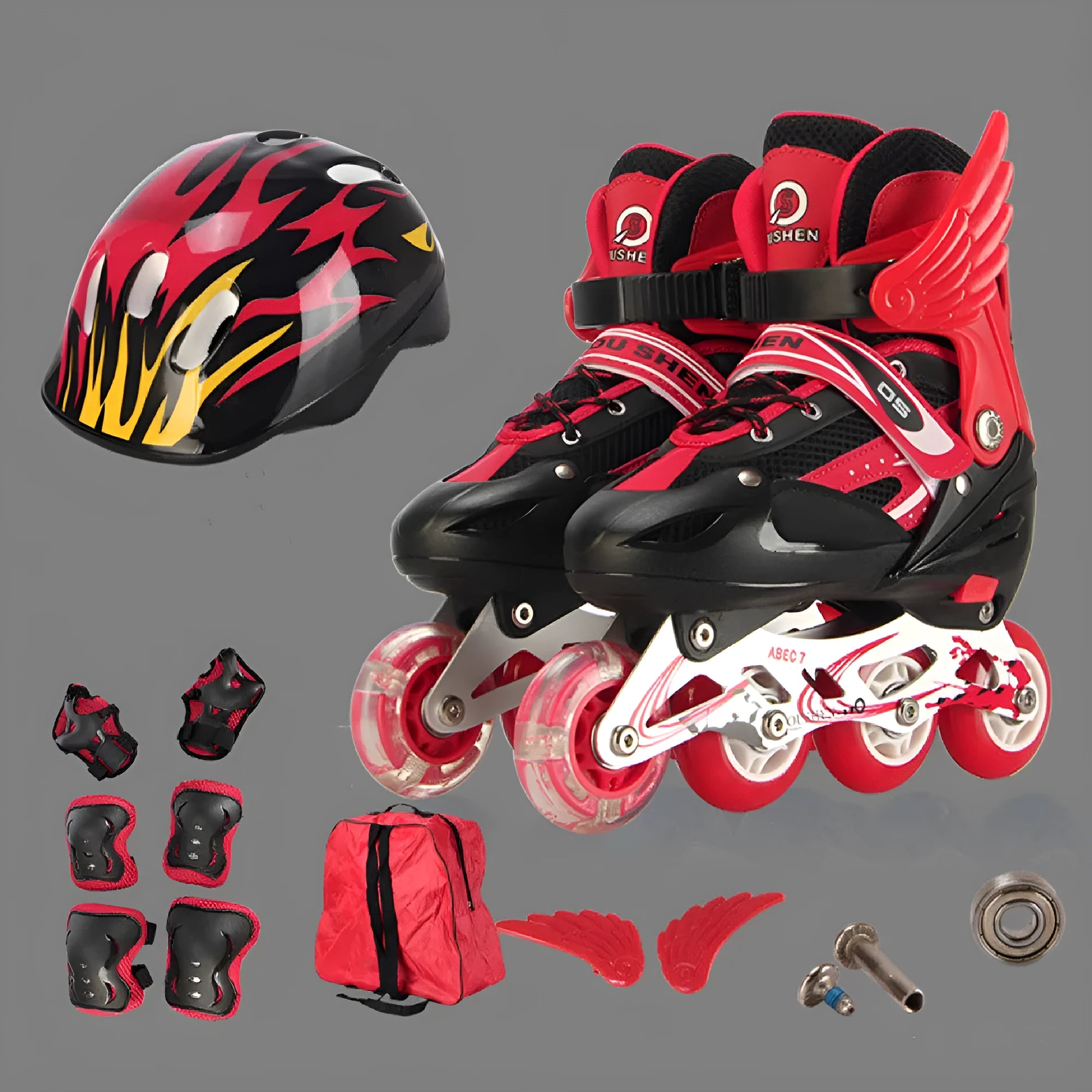 Children's adjustable PU skates in yellow, red, blue, black, or pink with aluminium frame, foam wheels, and protective gear
