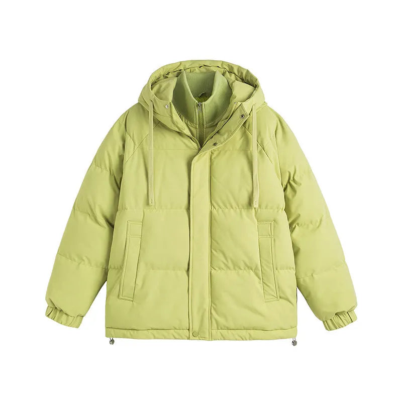 Loose beige cotton-padded jacket with side seam pockets on a hanger