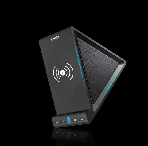 Black multifunctional Bluetooth speaker unit with integrated wireless charging pad and phone stand.