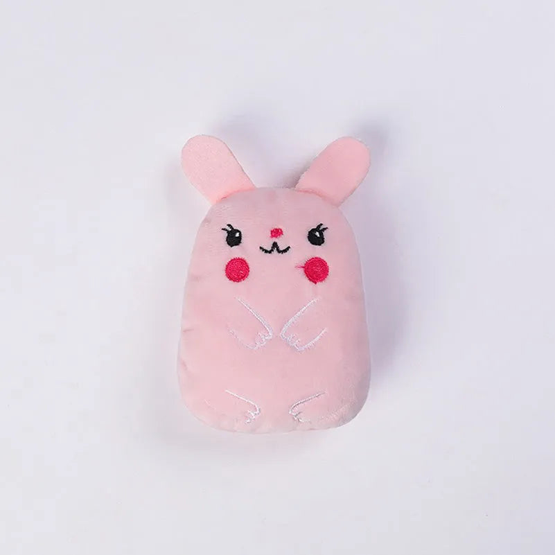 Compact plush catnip toy for teeth grinding and chewing, shown in one of six colour options
