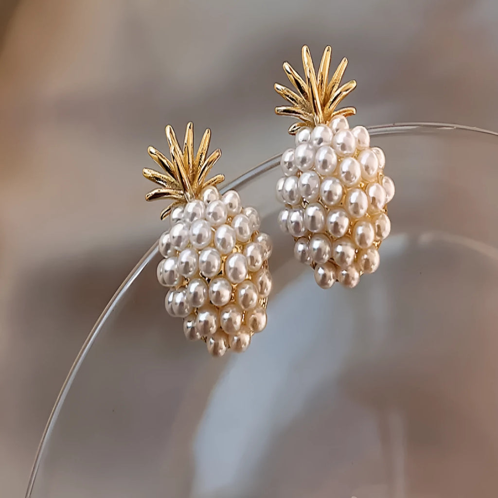 Korean style pineapple starfish pearl earrings with artificial gem inlays in gold, silver colours