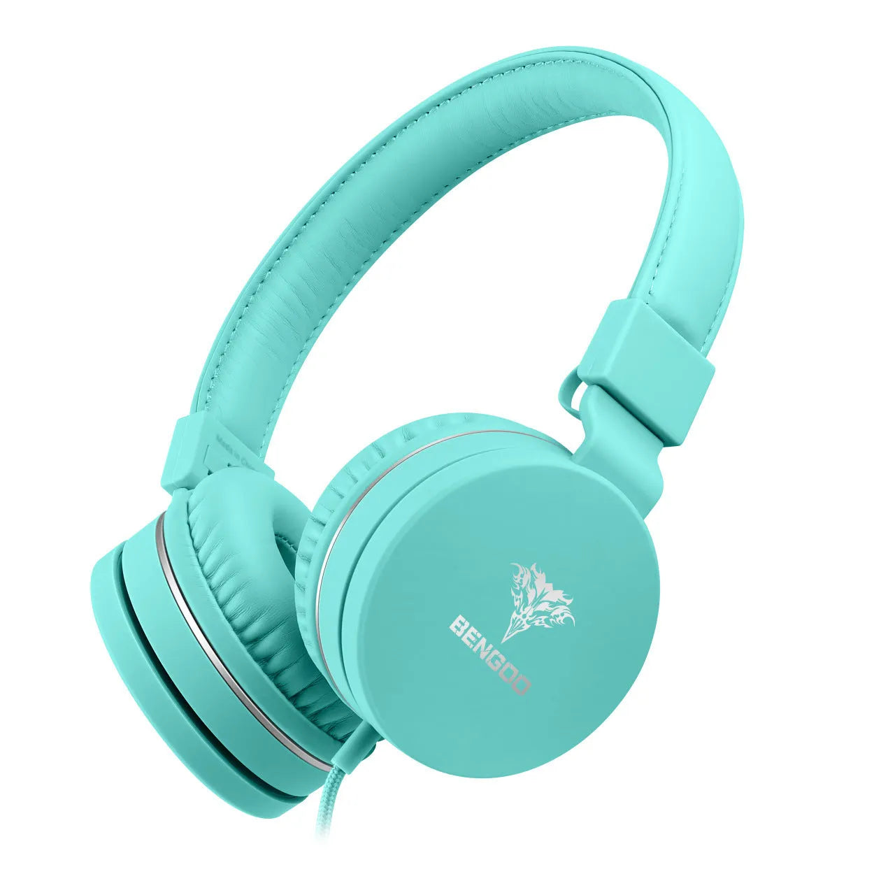 Bengoo C30 wired over-ear headphones in mint green with braided cable and 3.5mm plug.