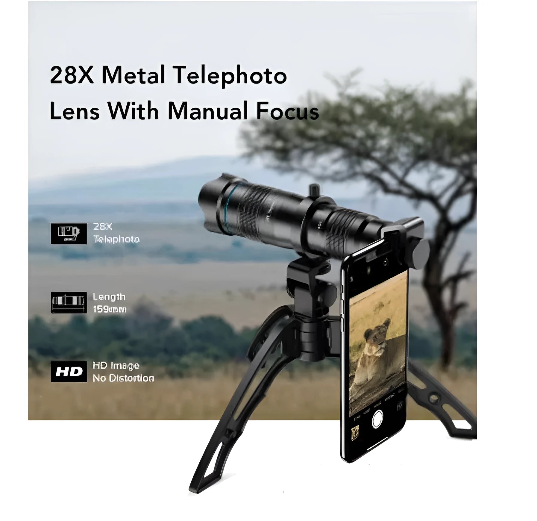 Black 36x optical zoom monocular lens attached to smartphone on adjustable tripod for outdoor photography