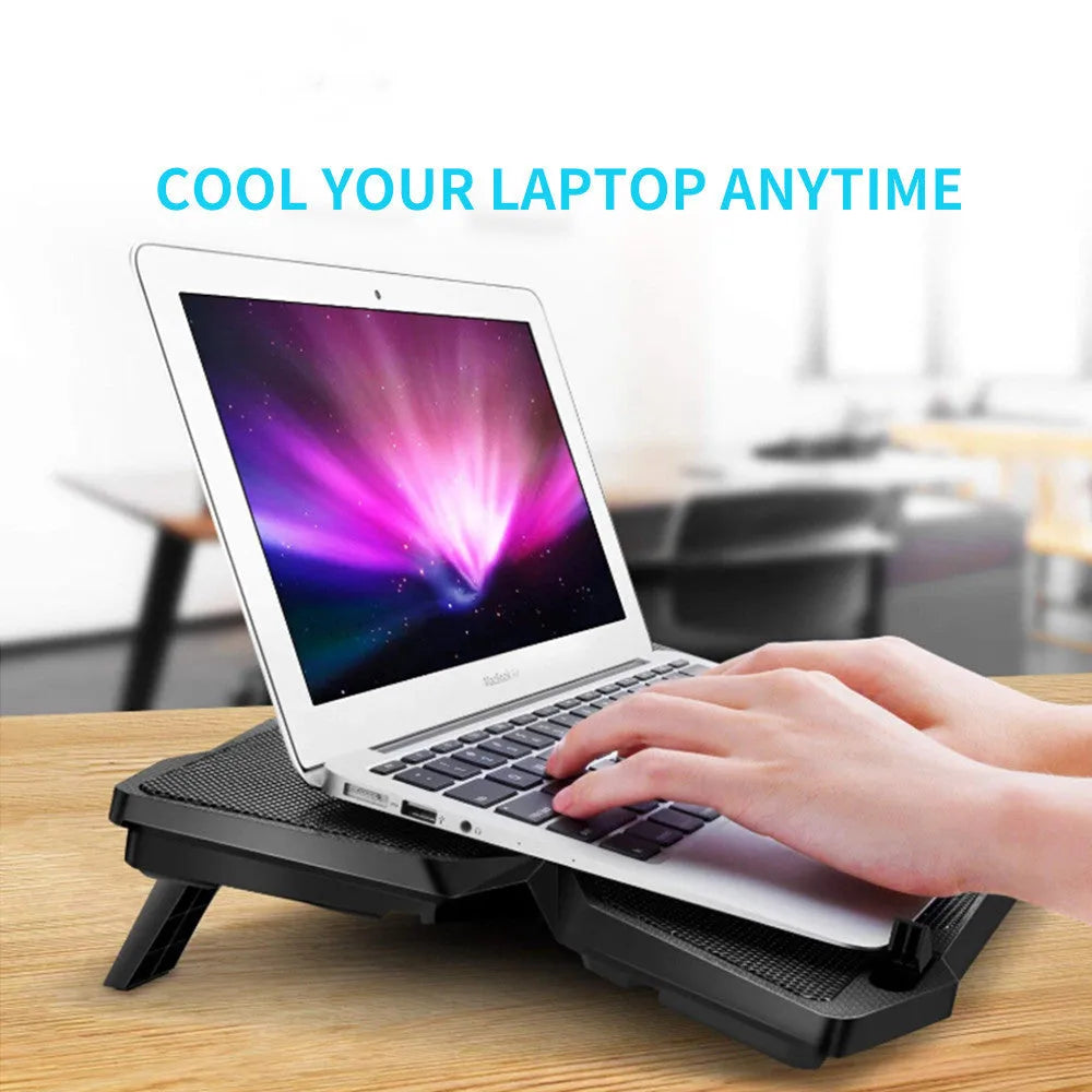 Blue laptop cooling pad with four illuminated LED fans and two USB ports on the front.