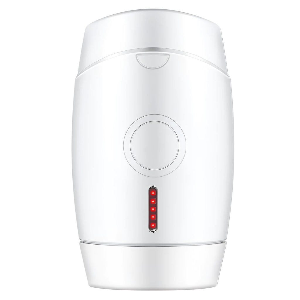 White home laser hair removal device with digital display, shown next to its power adapter and packaging box.
