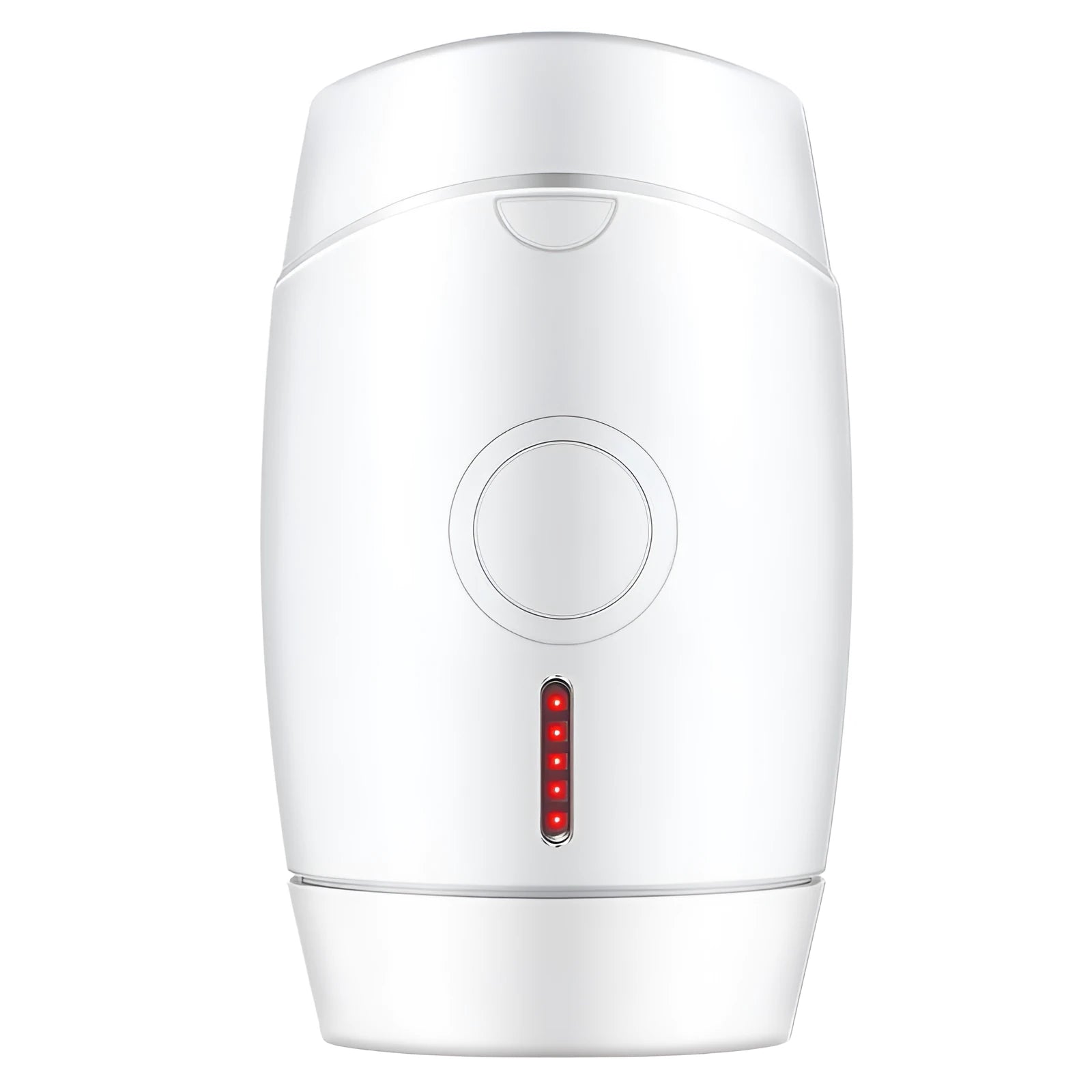 White home laser hair removal device with digital display, shown next to its power adapter and packaging box.