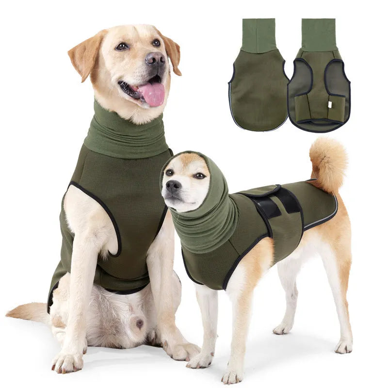 Dog wearing polyester calming jacket for anxiety relief in army green colour
